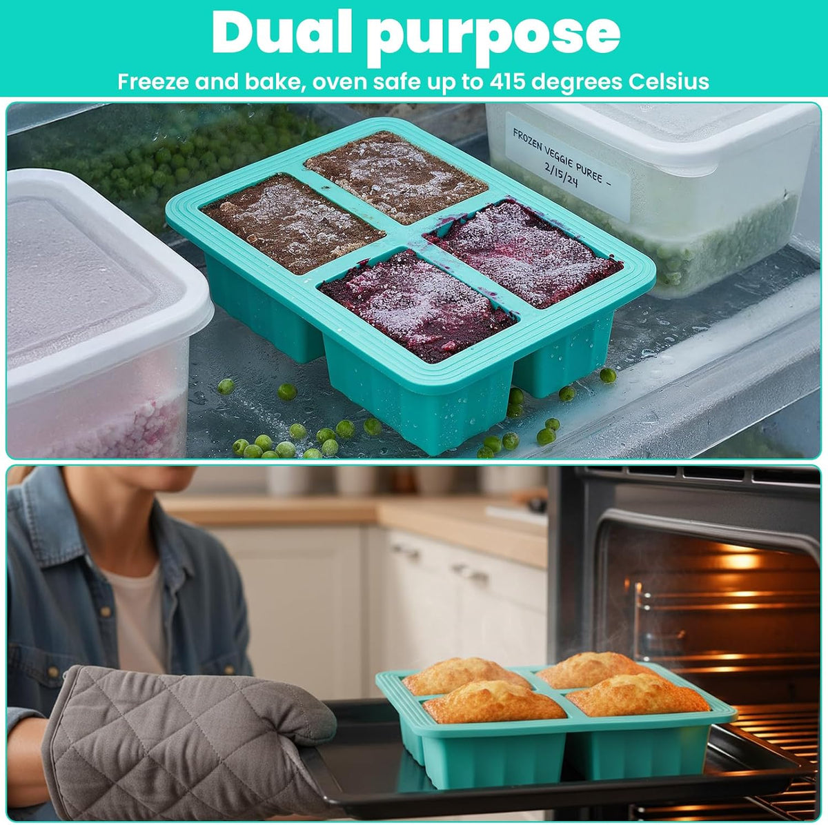 3-Pack Silicone Freezer Trays with Lids, 1-Cup Soup Freezer Containers, Large Ice Cube Molds, Reinforced Steel Ring, Oven & Dishwasher Safe, Mint Green