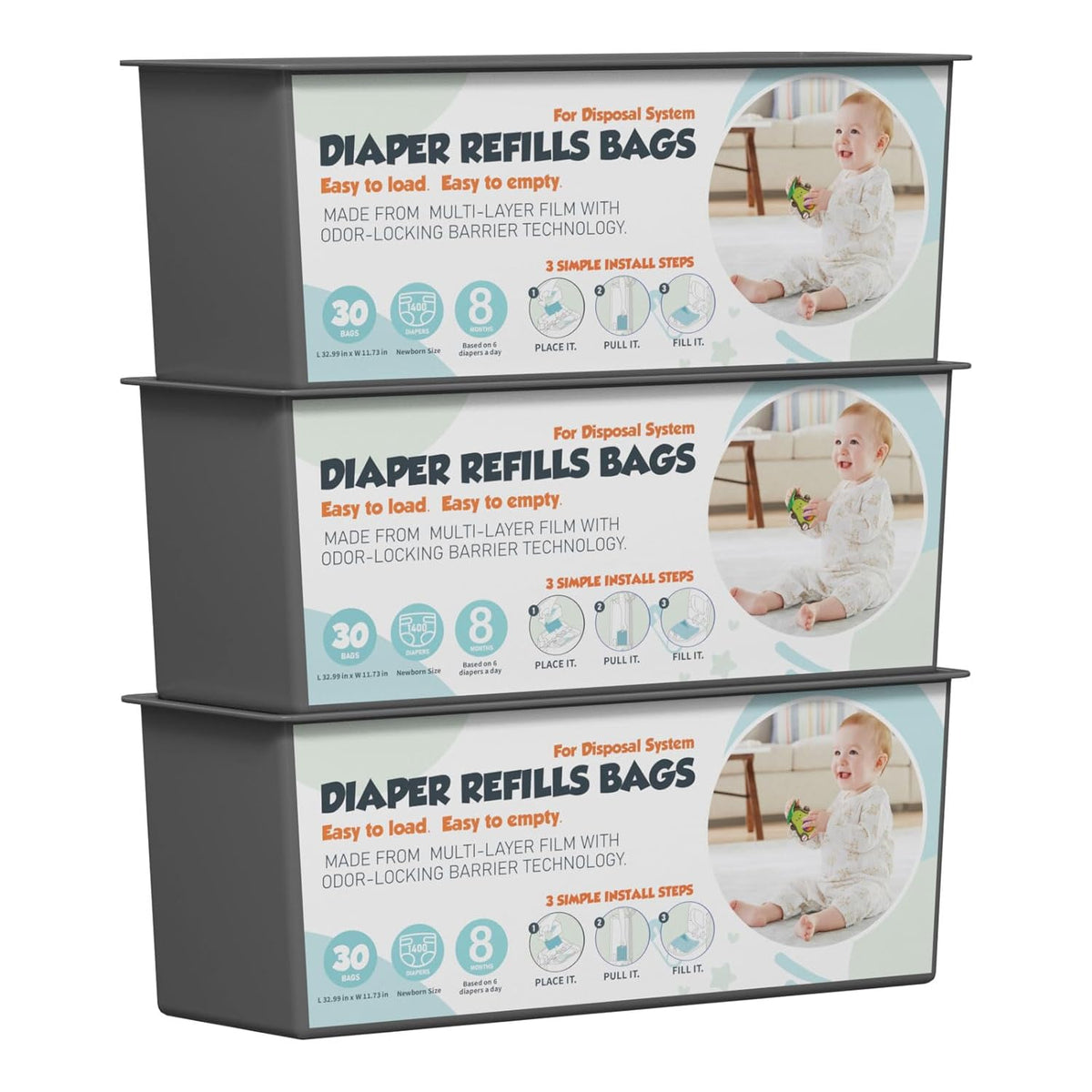 Diaper Pail Refills Bags with 30 Bags (Baby Powder Scent) Compatible with Genie Easy Roll Signature and Platinum Diaper Pails, 7-Layer Odor-Barrier Technology (90 Bag)