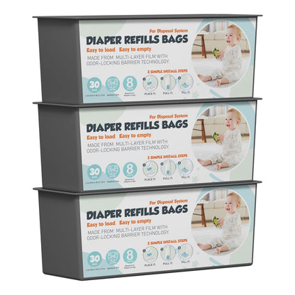 Diaper Pail Refills Bags with 30 Bags (Baby Powder Scent) Compatible with Genie Easy Roll Signature and Platinum Diaper Pails, 7-Layer Odor-Barrier Technology (90 Bag)