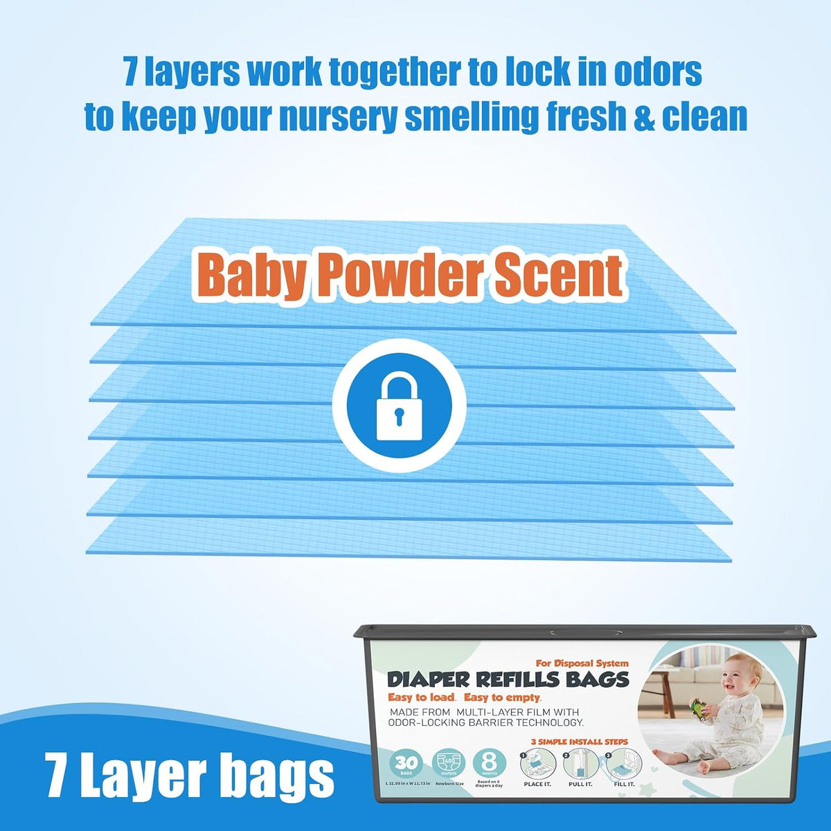 Diaper Pail Refills Bags with 30 Bags (Baby Powder Scent) Compatible with Genie Easy Roll Signature and Platinum Diaper Pails, 7-Layer Odor-Barrier Technology (90 Bag)
