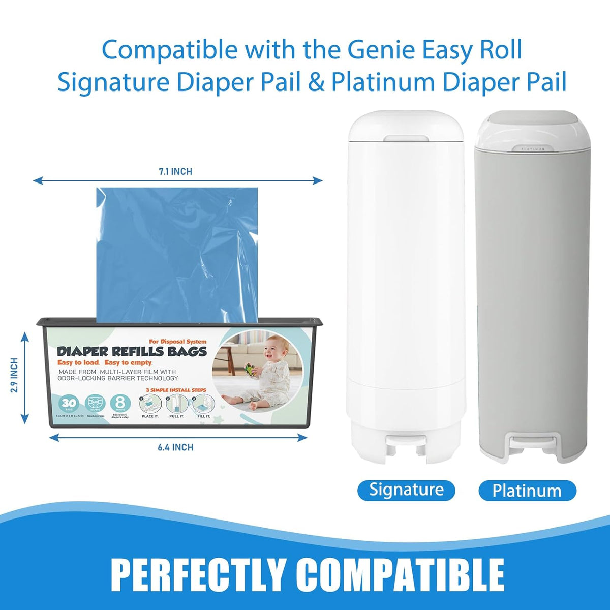 Diaper Pail Refills Bags with 30 Bags (Baby Powder Scent) Compatible with Genie Easy Roll Signature and Platinum Diaper Pails, 7-Layer Odor-Barrier Technology (90 Bag)