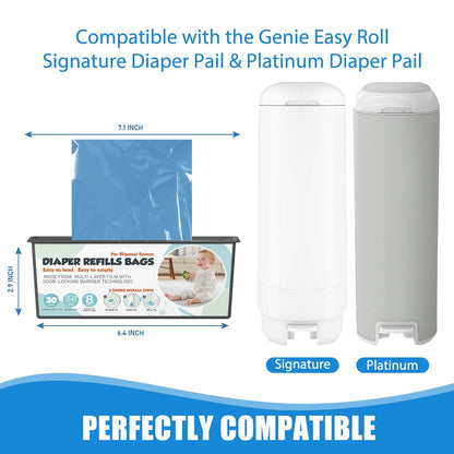 Diaper Pail Refills Bags with 30 Bags (Baby Powder Scent) Compatible with Genie Easy Roll Signature and Platinum Diaper Pails, 7-Layer Odor-Barrier Technology (90 Bag)