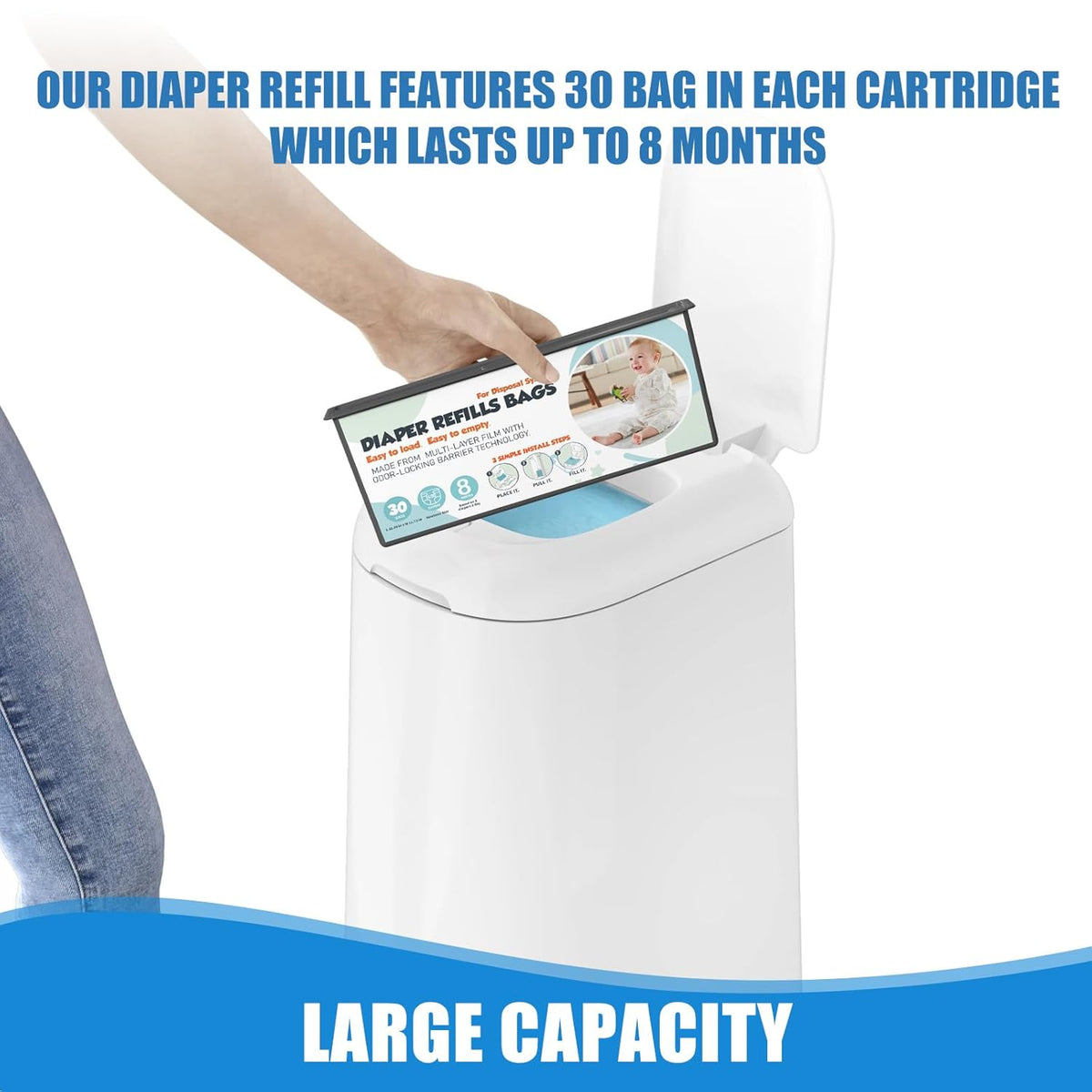 Diaper Pail Refills Bags with 30 Bags (Baby Powder Scent) Compatible with Genie Easy Roll Signature and Platinum Diaper Pails, 7-Layer Odor-Barrier Technology (90 Bag)
