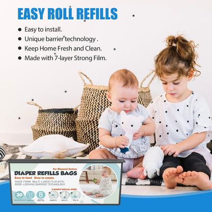 Diaper Pail Refills Bags with 30 Bags (Baby Powder Scent) Compatible with Genie Easy Roll Signature and Platinum Diaper Pails, 7-Layer Odor-Barrier Technology (90 Bag)
