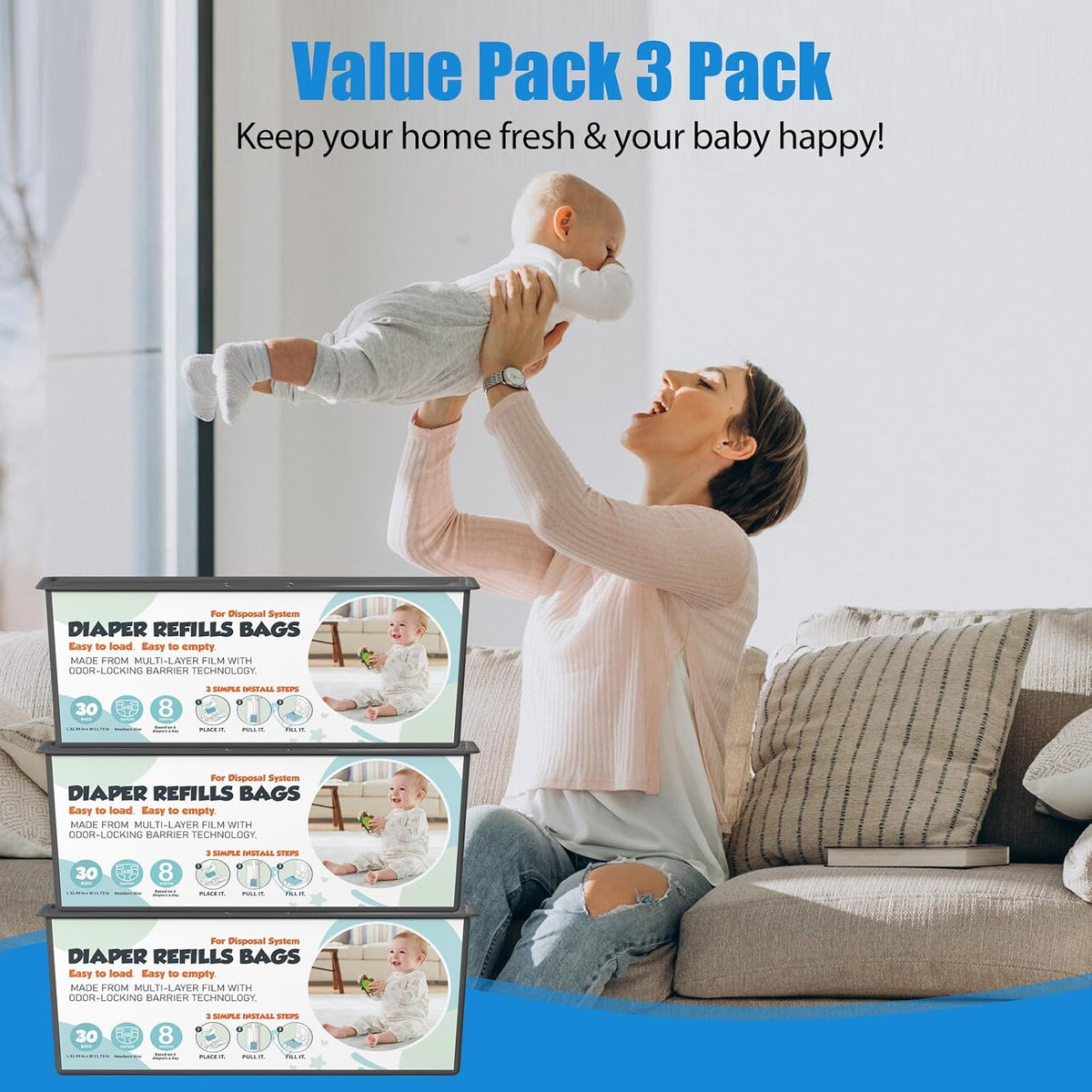 Diaper Pail Refills Bags with 30 Bags (Baby Powder Scent) Compatible with Genie Easy Roll Signature and Platinum Diaper Pails, 7-Layer Odor-Barrier Technology (90 Bag)