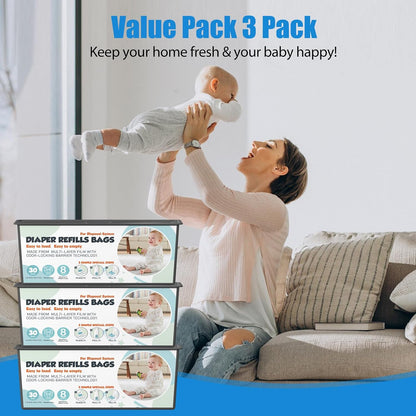 Diaper Pail Refills Bags with 30 Bags (Baby Powder Scent) Compatible with Genie Easy Roll Signature and Platinum Diaper Pails, 7-Layer Odor-Barrier Technology (90 Bag)