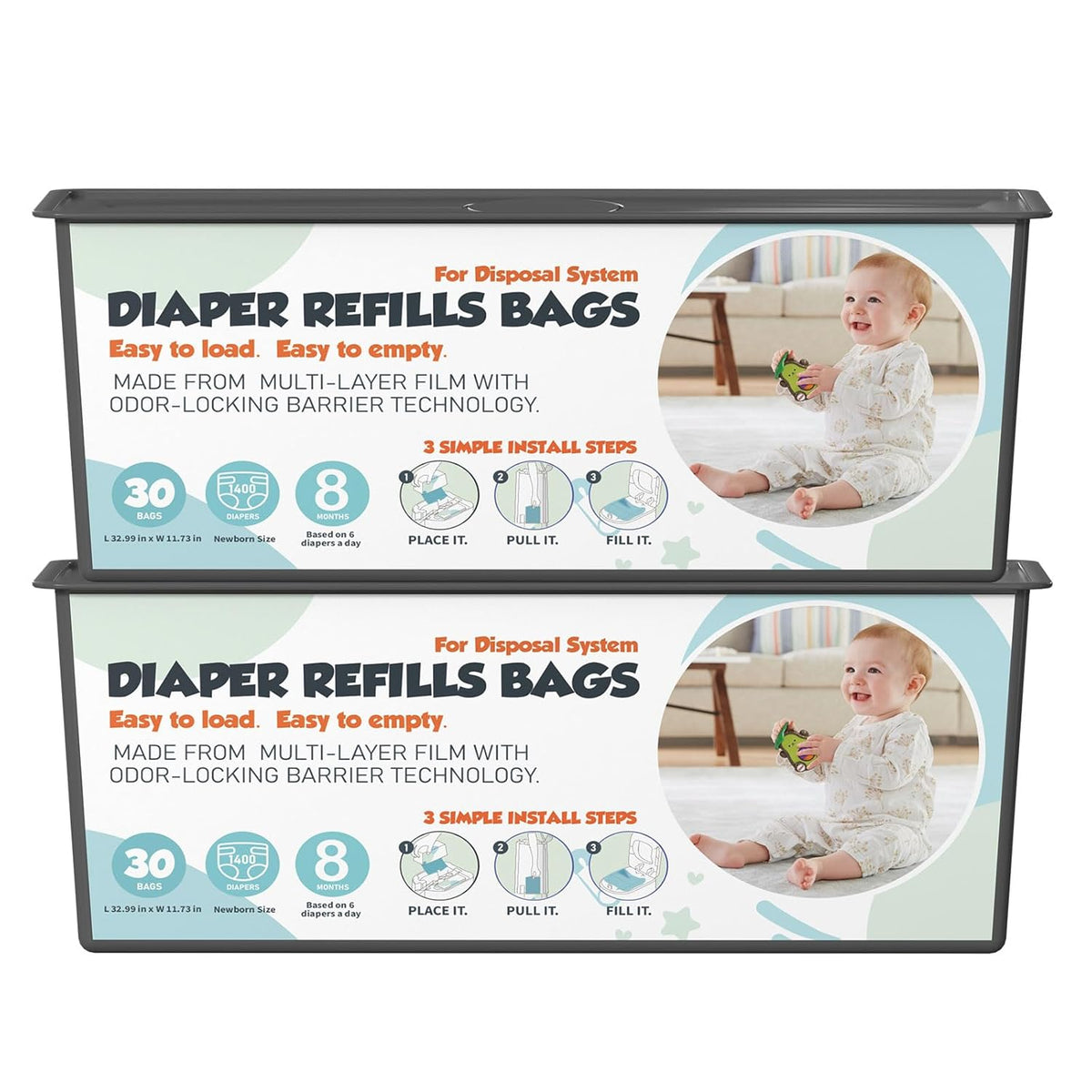 Diaper Pail Refills Bags with 30 Bags (Baby Powder Scent) Compatible with Genie Easy Roll Signature and Platinum Diaper Pails, 7-Layer Odor-Barrier Technology (90 Bag)