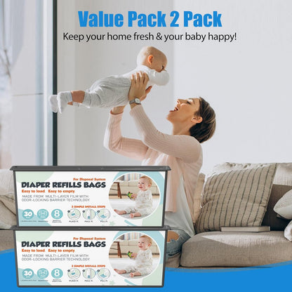 Diaper Pail Refills Bags with 30 Bags (Baby Powder Scent) Compatible with Genie Easy Roll Signature and Platinum Diaper Pails, 7-Layer Odor-Barrier Technology (90 Bag)