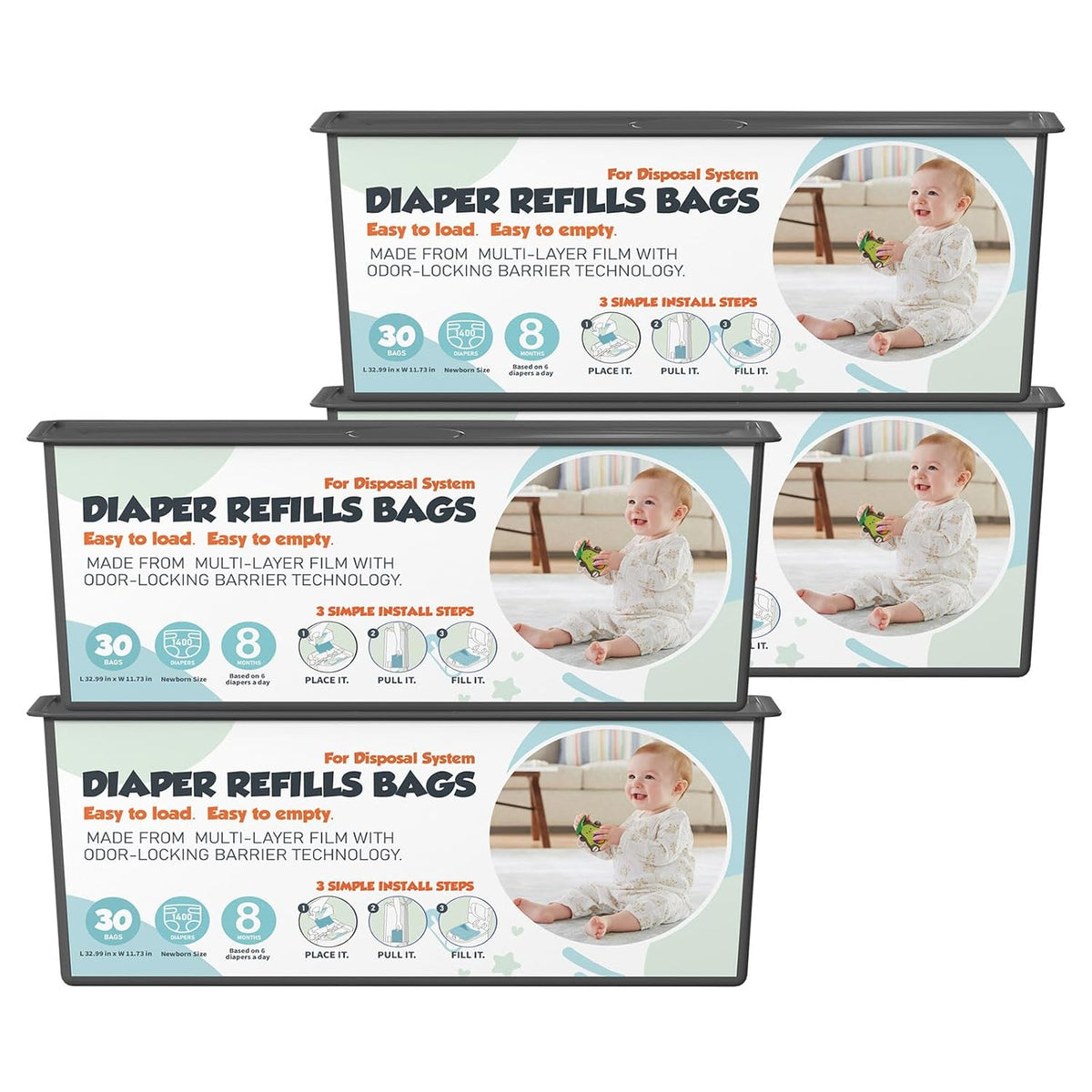 Diaper Pail Refills Bags with 30 Bags (Baby Powder Scent) Compatible with Genie Easy Roll Signature and Platinum Diaper Pails, 7-Layer Odor-Barrier Technology (90 Bag)