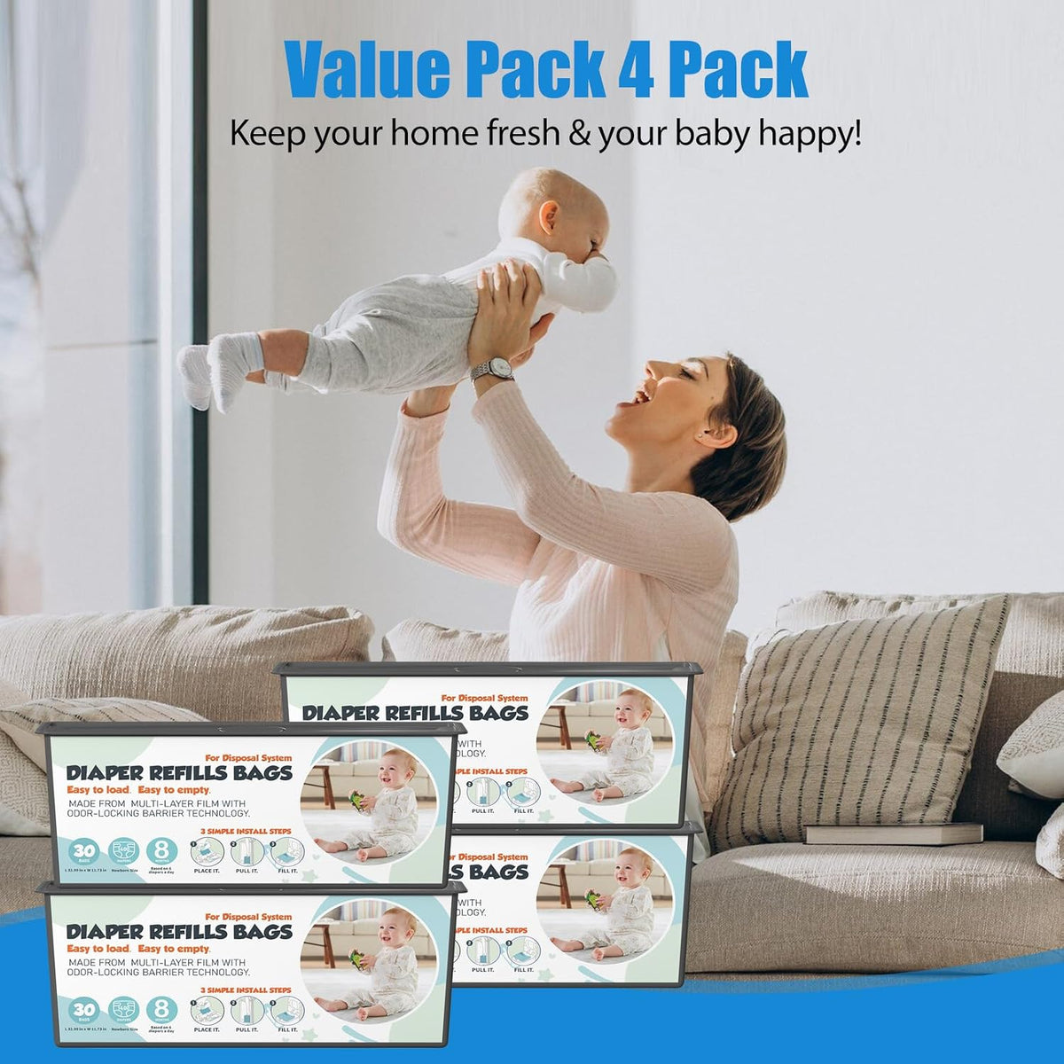 Diaper Pail Refills Bags with 30 Bags (Baby Powder Scent) Compatible with Genie Easy Roll Signature and Platinum Diaper Pails, 7-Layer Odor-Barrier Technology (90 Bag)