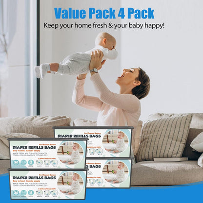 Diaper Pail Refills Bags with 30 Bags (Baby Powder Scent) Compatible with Genie Easy Roll Signature and Platinum Diaper Pails, 7-Layer Odor-Barrier Technology (90 Bag)