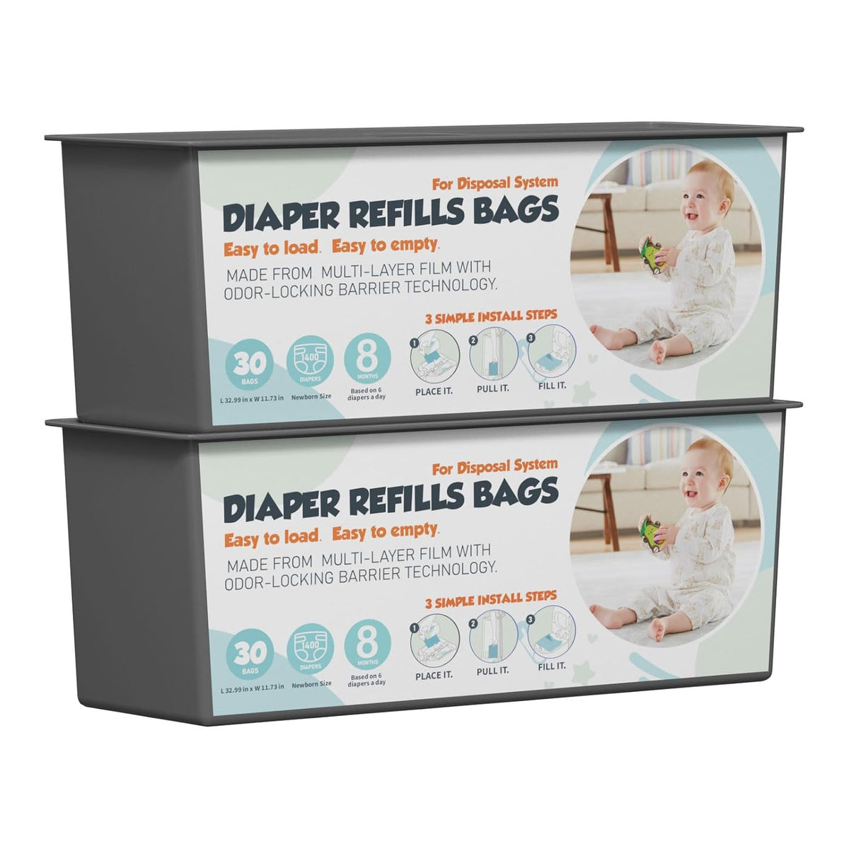 Diaper Pail Refills Bags with 30 Bags (Baby Powder Scent) Compatible with Genie Easy Roll Signature and Platinum Diaper Pails, 7-Layer Odor-Barrier Technology (90 Bag)