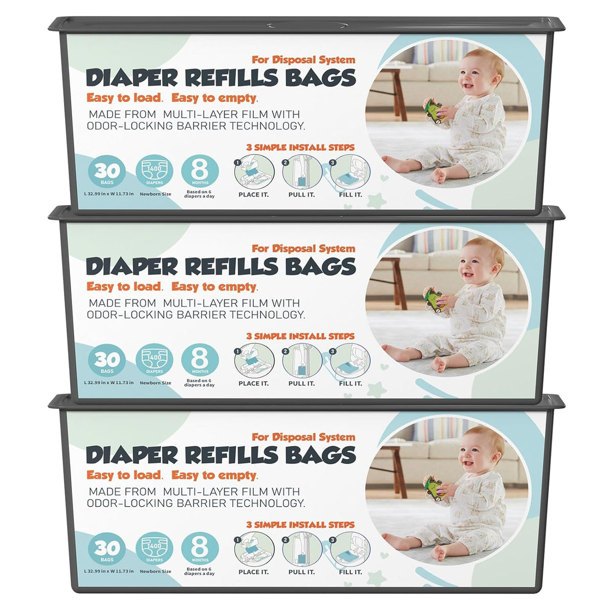 Diaper Pail Refills Bags with 30 Bags (Baby Powder Scent) Compatible with Genie Easy Roll Signature and Platinum Diaper Pails, 7-Layer Odor-Barrier Technology (90 Bag)