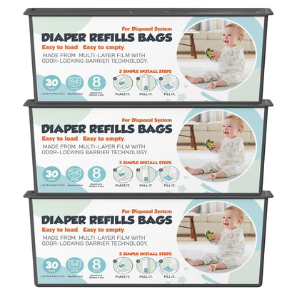 Diaper Pail Refills Bags with 30 Bags (Baby Powder Scent) Compatible with Genie Easy Roll Signature and Platinum Diaper Pails, 7-Layer Odor-Barrier Technology (90 Bag)