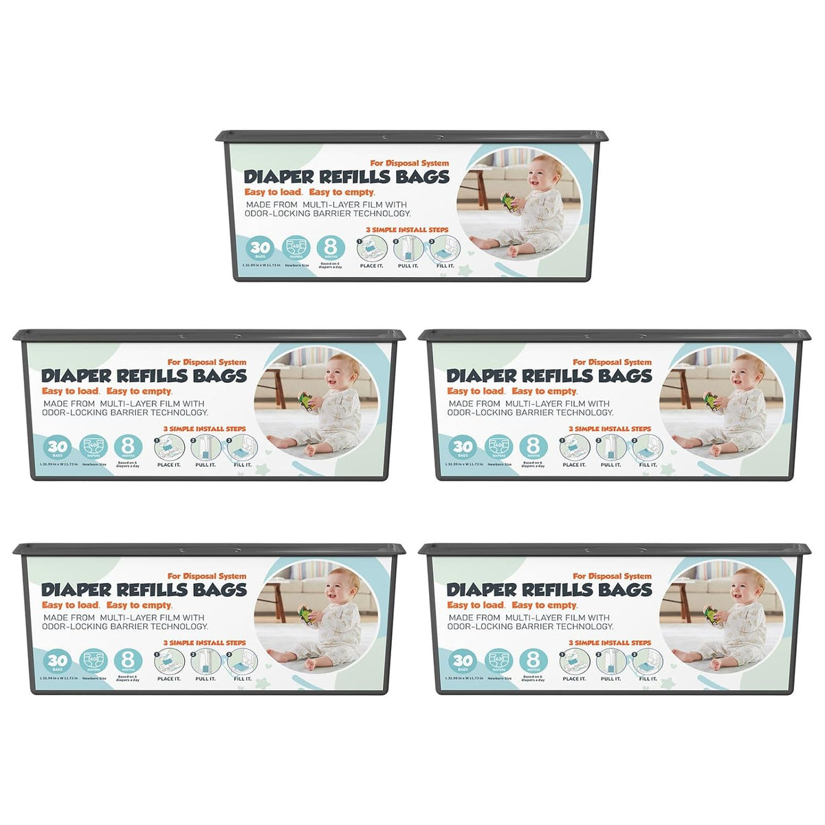 Diaper Pail Refills Bags with 30 Bags (Baby Powder Scent) Compatible with Genie Easy Roll Signature and Platinum Diaper Pails, 7-Layer Odor-Barrier Technology (90 Bag)