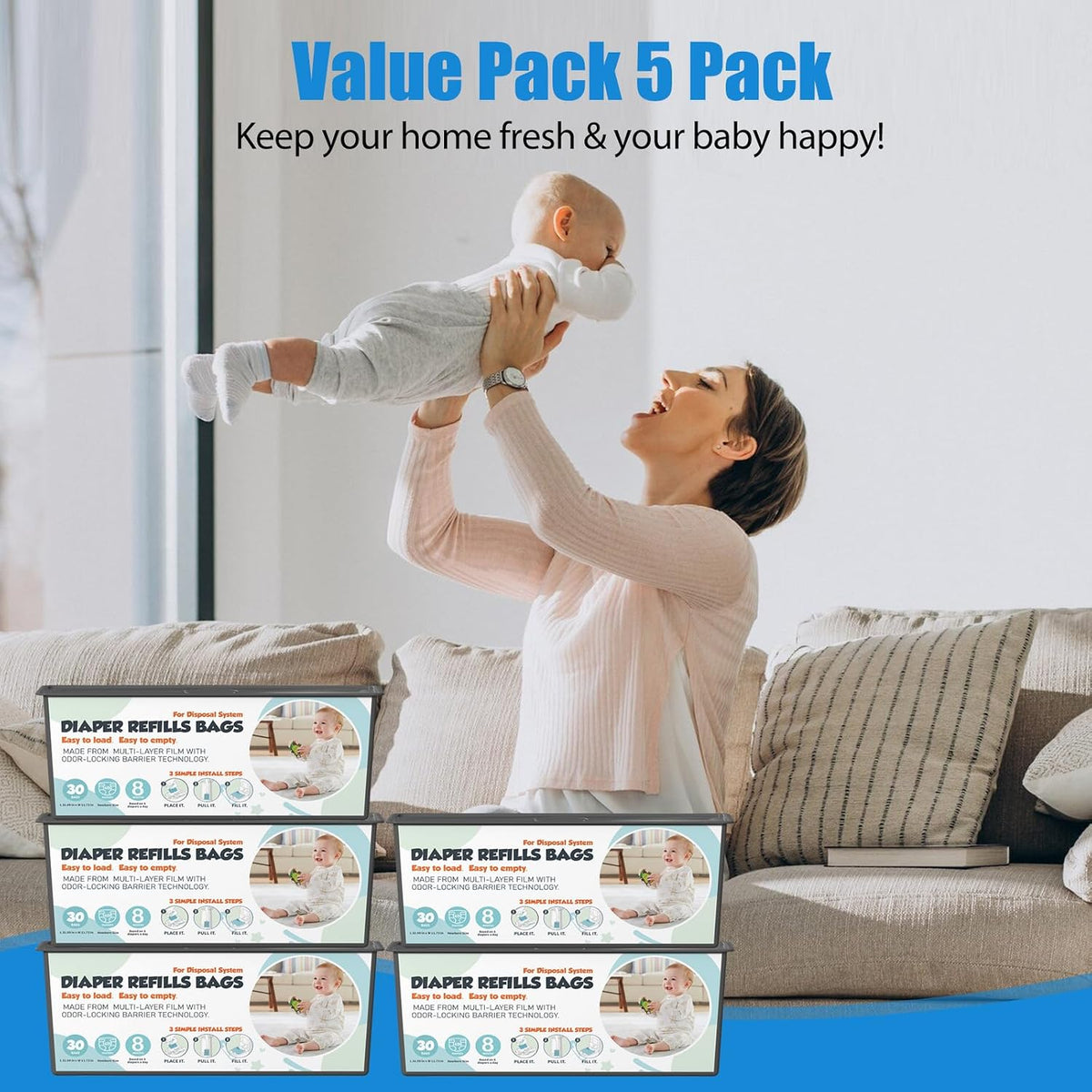 Diaper Pail Refills Bags with 30 Bags (Baby Powder Scent) Compatible with Genie Easy Roll Signature and Platinum Diaper Pails, 7-Layer Odor-Barrier Technology (90 Bag)