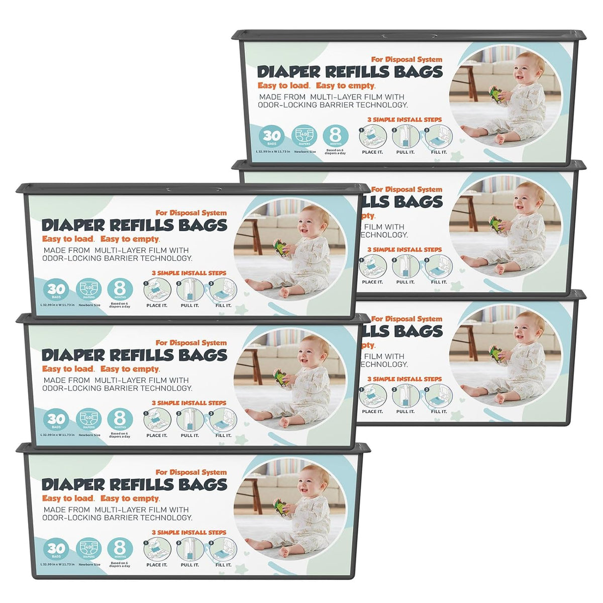 Diaper Pail Refills Bags with 30 Bags (Baby Powder Scent) Compatible with Genie Easy Roll Signature and Platinum Diaper Pails, 7-Layer Odor-Barrier Technology (90 Bag)