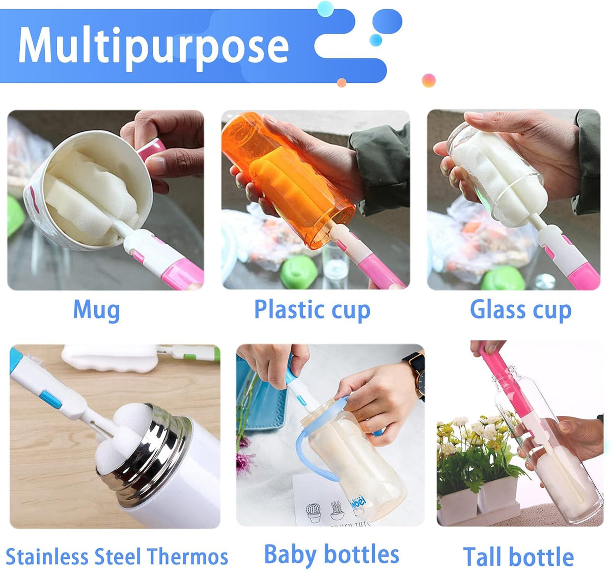 Cleaning Brush Set, Portable Bottle & Nipple Brushes Sponge Material, Soft & Fluffy Texture, Comfortable Grip, Hanging Holes, BPA Free, Ideal for Baby Bottles & Cups