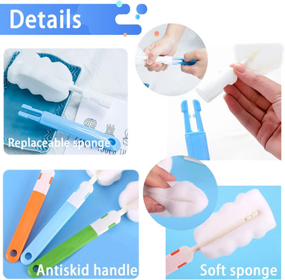 Cleaning Brush Set, Portable Bottle & Nipple Brushes Sponge Material, Soft & Fluffy Texture, Comfortable Grip, Hanging Holes, BPA Free, Ideal for Baby Bottles & Cups