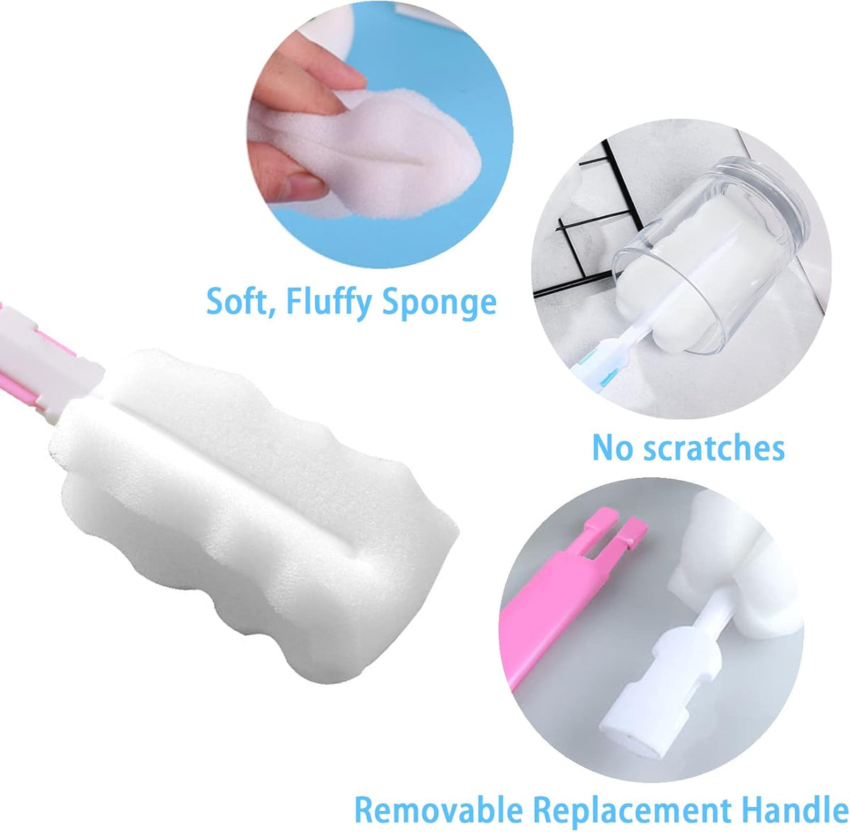 Cleaning Brush Set, Portable Bottle & Nipple Brushes Sponge Material, Soft & Fluffy Texture, Comfortable Grip, Hanging Holes, BPA Free, Ideal for Baby Bottles & Cups