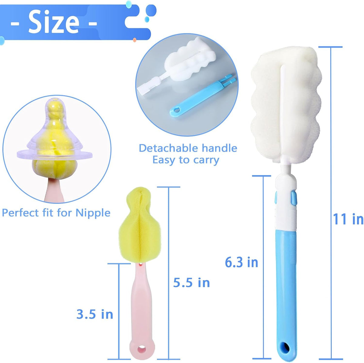 Cleaning Brush Set, Portable Bottle & Nipple Brushes Sponge Material, Soft & Fluffy Texture, Comfortable Grip, Hanging Holes, BPA Free, Ideal for Baby Bottles & Cups