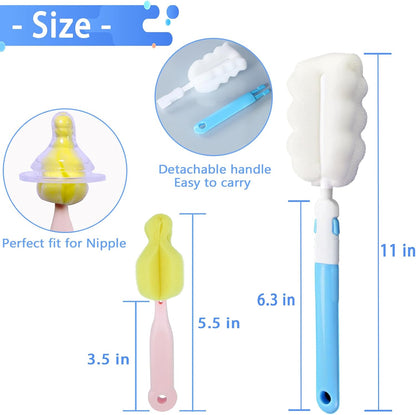 Cleaning Brush Set, Portable Bottle & Nipple Brushes Sponge Material, Soft & Fluffy Texture, Comfortable Grip, Hanging Holes, BPA Free, Ideal for Baby Bottles & Cups