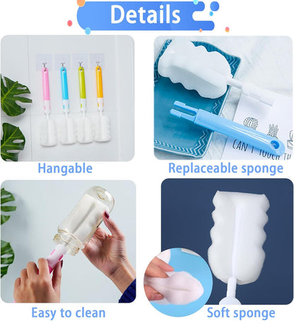 Cleaning Brush Set, Portable Bottle & Nipple Brushes Sponge Material, Soft & Fluffy Texture, Comfortable Grip, Hanging Holes, BPA Free, Ideal for Baby Bottles & Cups