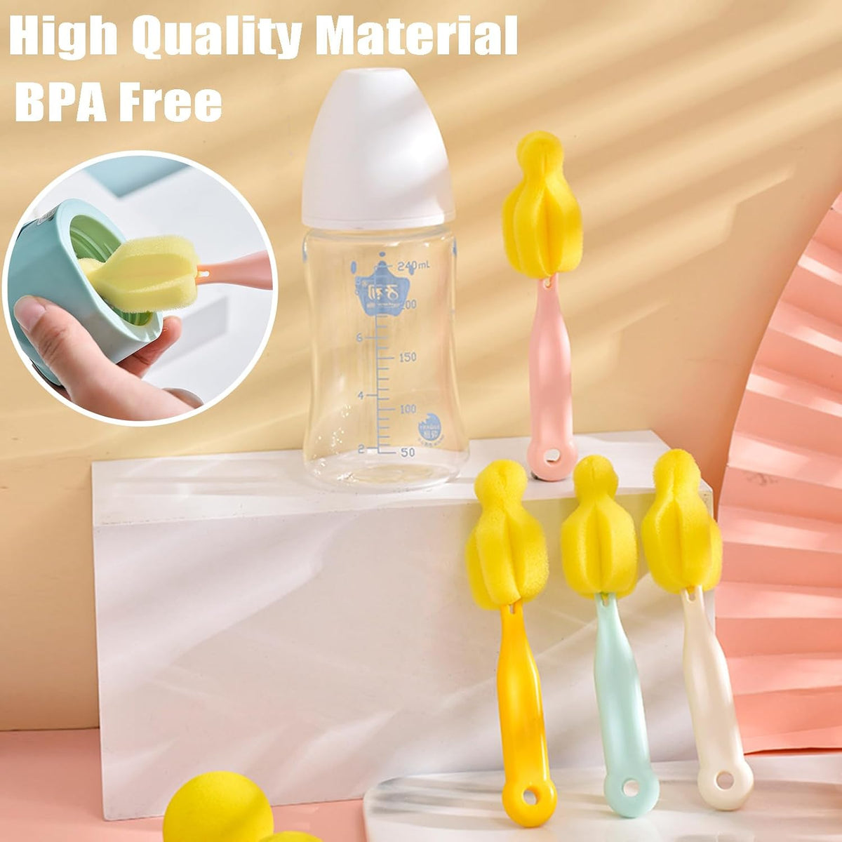 Cleaning Brush Set, Portable Bottle & Nipple Brushes Sponge Material, Soft & Fluffy Texture, Comfortable Grip, Hanging Holes, BPA Free, Ideal for Baby Bottles & Cups