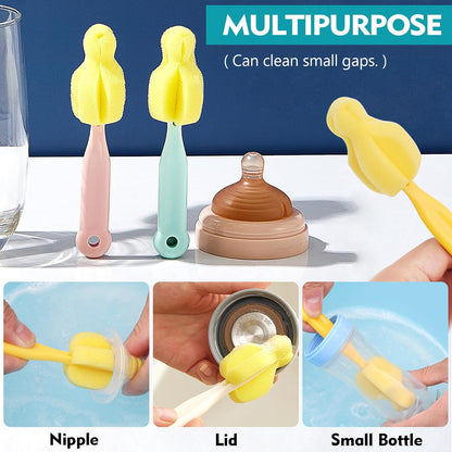 Cleaning Brush Set, Portable Bottle & Nipple Brushes Sponge Material, Soft & Fluffy Texture, Comfortable Grip, Hanging Holes, BPA Free, Ideal for Baby Bottles & Cups