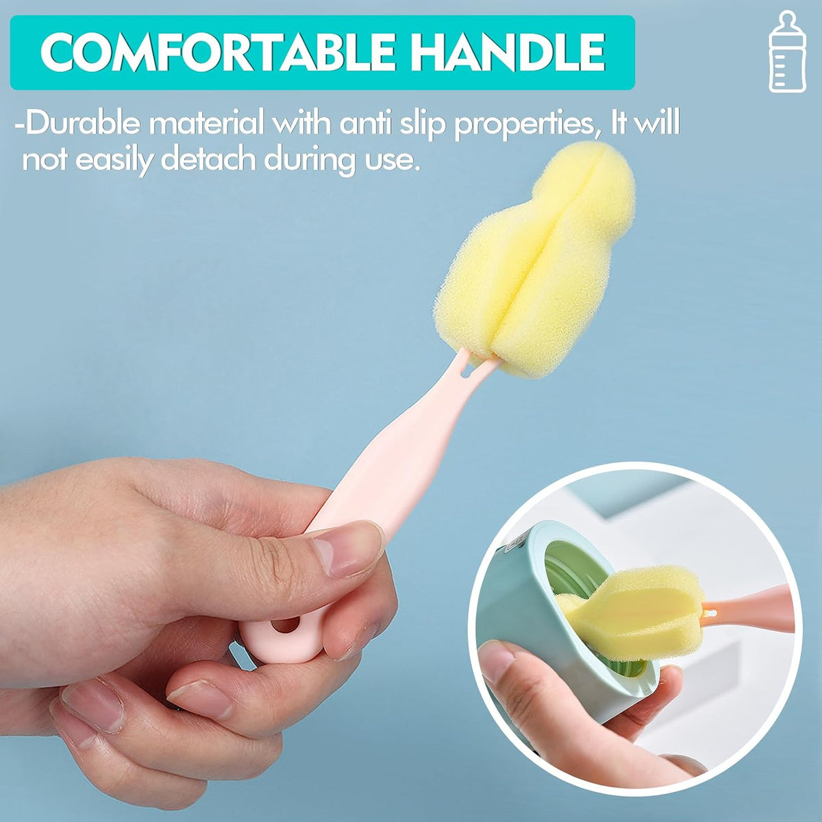 Cleaning Brush Set, Portable Bottle & Nipple Brushes Sponge Material, Soft & Fluffy Texture, Comfortable Grip, Hanging Holes, BPA Free, Ideal for Baby Bottles & Cups