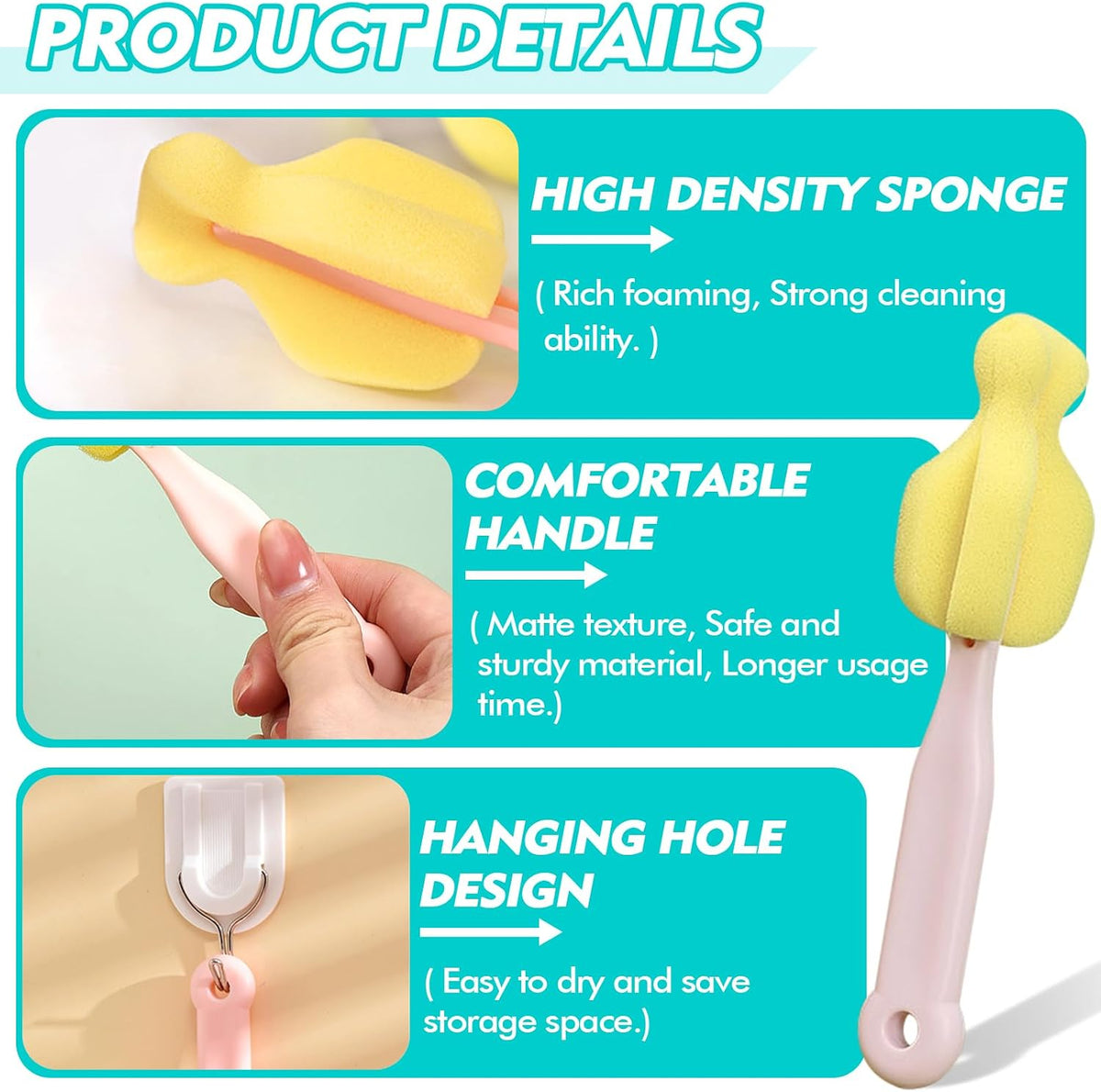 Cleaning Brush Set, Portable Bottle & Nipple Brushes Sponge Material, Soft & Fluffy Texture, Comfortable Grip, Hanging Holes, BPA Free, Ideal for Baby Bottles & Cups