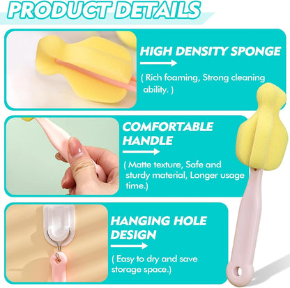 Cleaning Brush Set, Portable Bottle & Nipple Brushes Sponge Material, Soft & Fluffy Texture, Comfortable Grip, Hanging Holes, BPA Free, Ideal for Baby Bottles & Cups