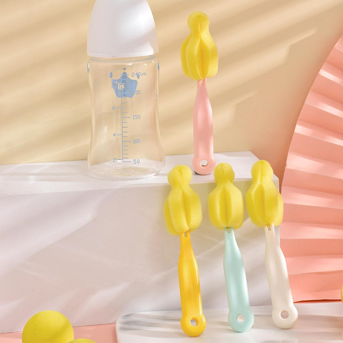 Cleaning Brush Set, Portable Bottle & Nipple Brushes Sponge Material, Soft & Fluffy Texture, Comfortable Grip, Hanging Holes, BPA Free, Ideal for Baby Bottles & Cups