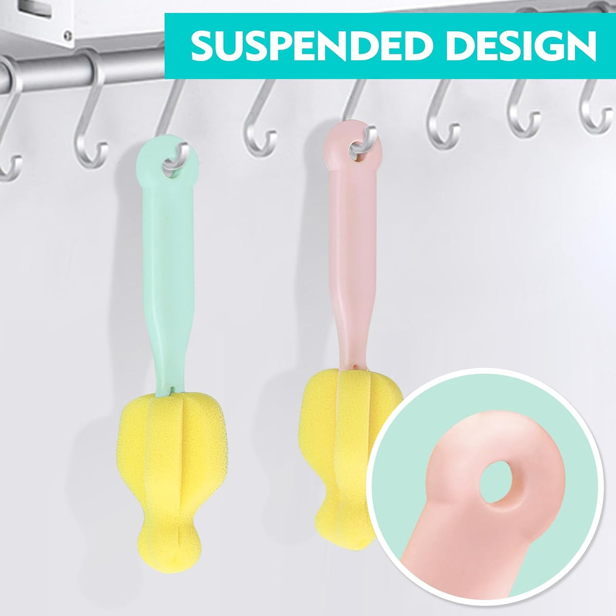 Cleaning Brush Set, Portable Bottle & Nipple Brushes Sponge Material, Soft & Fluffy Texture, Comfortable Grip, Hanging Holes, BPA Free, Ideal for Baby Bottles & Cups