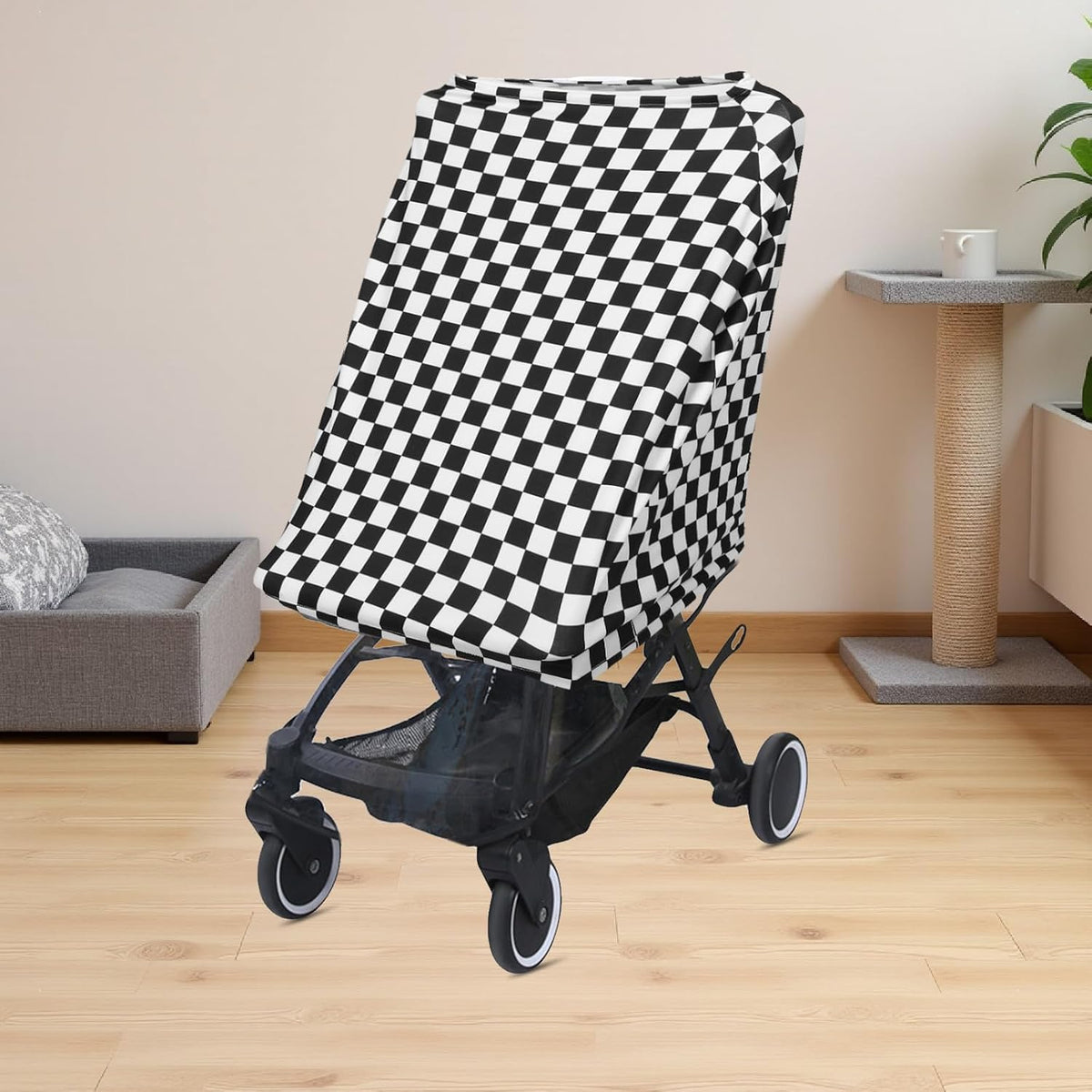 Universal Stroller Cover with Bendable Sunshade Canopy for Buggy and Stroller, Black Classic Grid Print Polyester, Wind and UV Protection, for Long Excursions and Every Journey