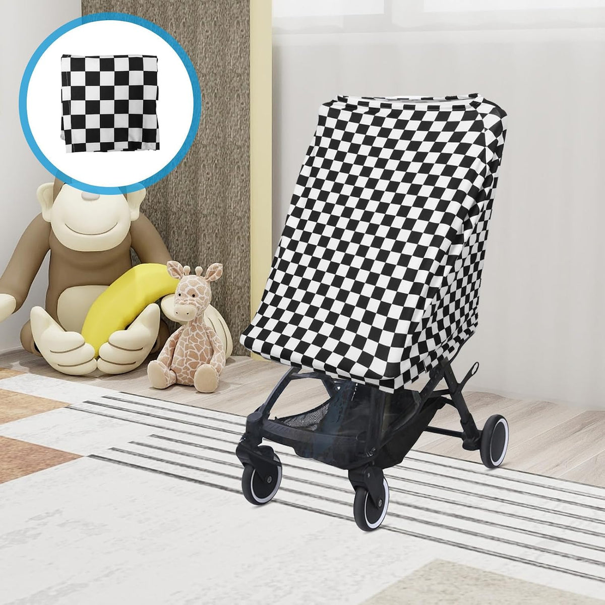 Universal Stroller Cover with Bendable Sunshade Canopy for Buggy and Stroller, Black Classic Grid Print Polyester, Wind and UV Protection, for Long Excursions and Every Journey