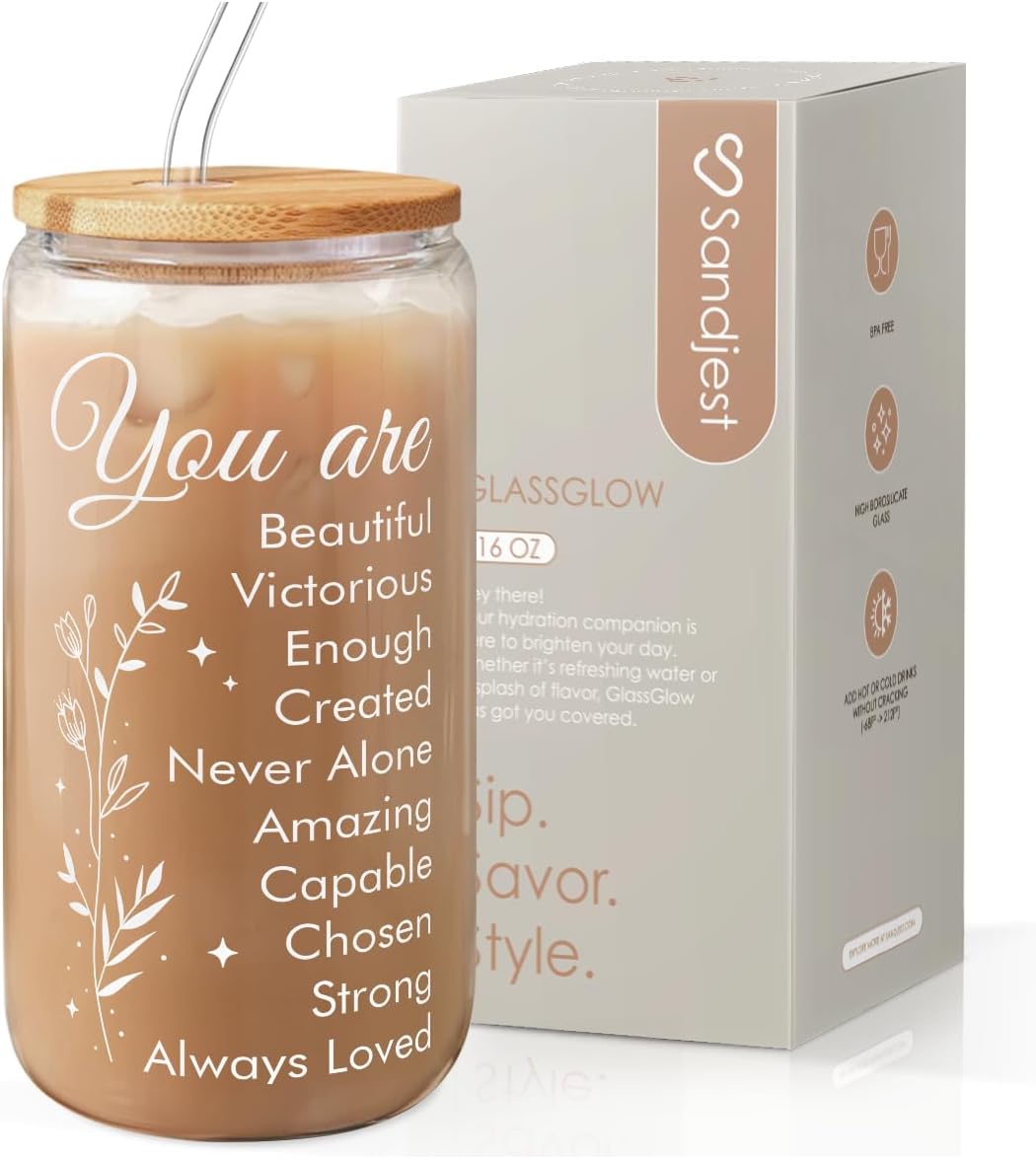 Inspiration Glass Can, Positive Motivational Cup with Lid & Straw, Iced Coffee Aesthetic Cups, Idea Gift for Christmas Birthday Mother Day, Gifts for Women, 16oz
