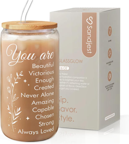 Inspiration Glass Can, Positive Motivational Cup with Lid & Straw, Iced Coffee Aesthetic Cups, Idea Gift for Christmas Birthday Mother Day, Gifts for Women, 16oz