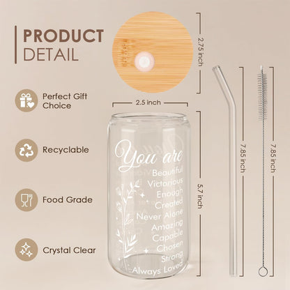 Inspiration Glass Can, Positive Motivational Cup with Lid & Straw, Iced Coffee Aesthetic Cups, Idea Gift for Christmas Birthday Mother Day, Gifts for Women, 16oz
