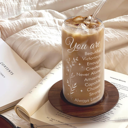 Inspiration Glass Can, Positive Motivational Cup with Lid & Straw, Iced Coffee Aesthetic Cups, Idea Gift for Christmas Birthday Mother Day, Gifts for Women, 16oz