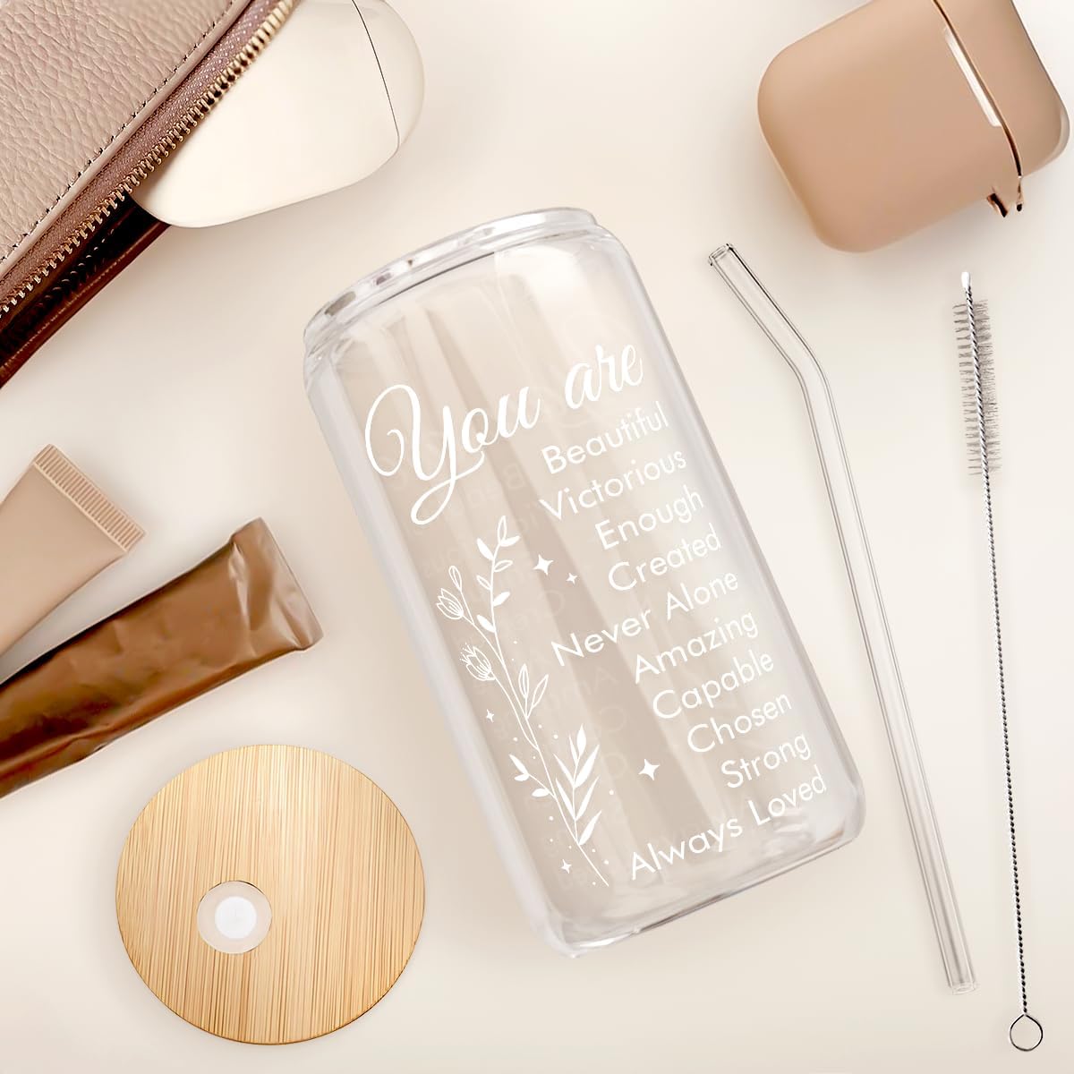 Inspiration Glass Can, Positive Motivational Cup with Lid & Straw, Iced Coffee Aesthetic Cups, Idea Gift for Christmas Birthday Mother Day, Gifts for Women, 16oz