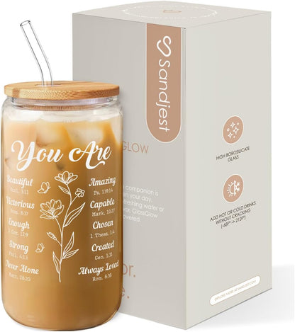 Inspiration Glass Can, Positive Motivational Cup with Lid & Straw, Iced Coffee Aesthetic Cups, Idea Gift for Christmas Birthday Mother Day, Gifts for Women, 16oz