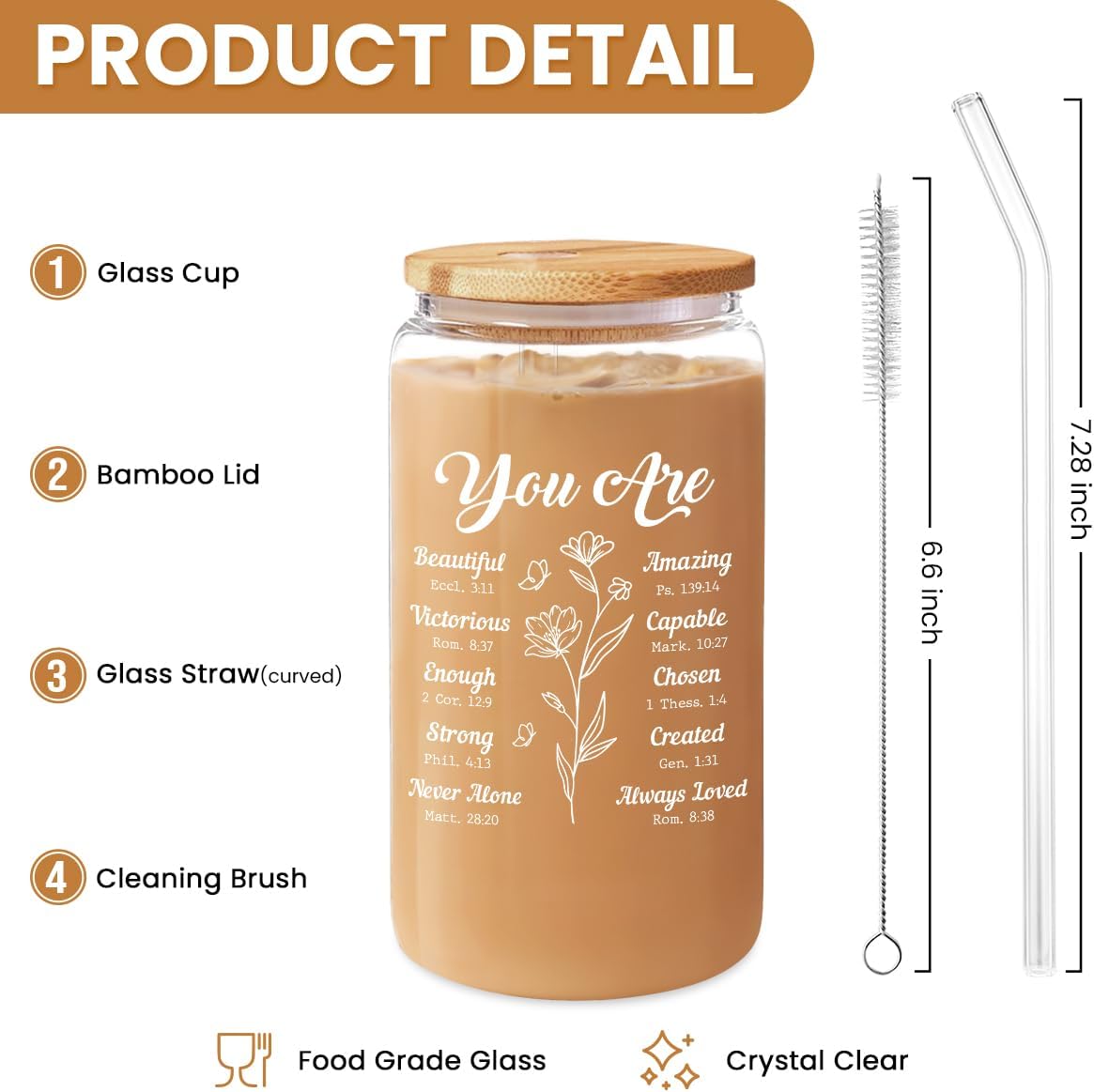 Inspiration Glass Can, Positive Motivational Cup with Lid & Straw, Iced Coffee Aesthetic Cups, Idea Gift for Christmas Birthday Mother Day, Gifts for Women, 16oz