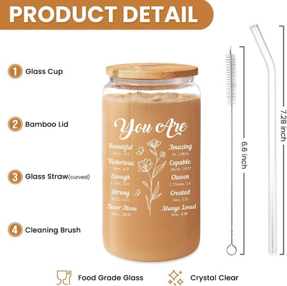 Inspiration Glass Can, Positive Motivational Cup with Lid & Straw, Iced Coffee Aesthetic Cups, Idea Gift for Christmas Birthday Mother Day, Gifts for Women, 16oz