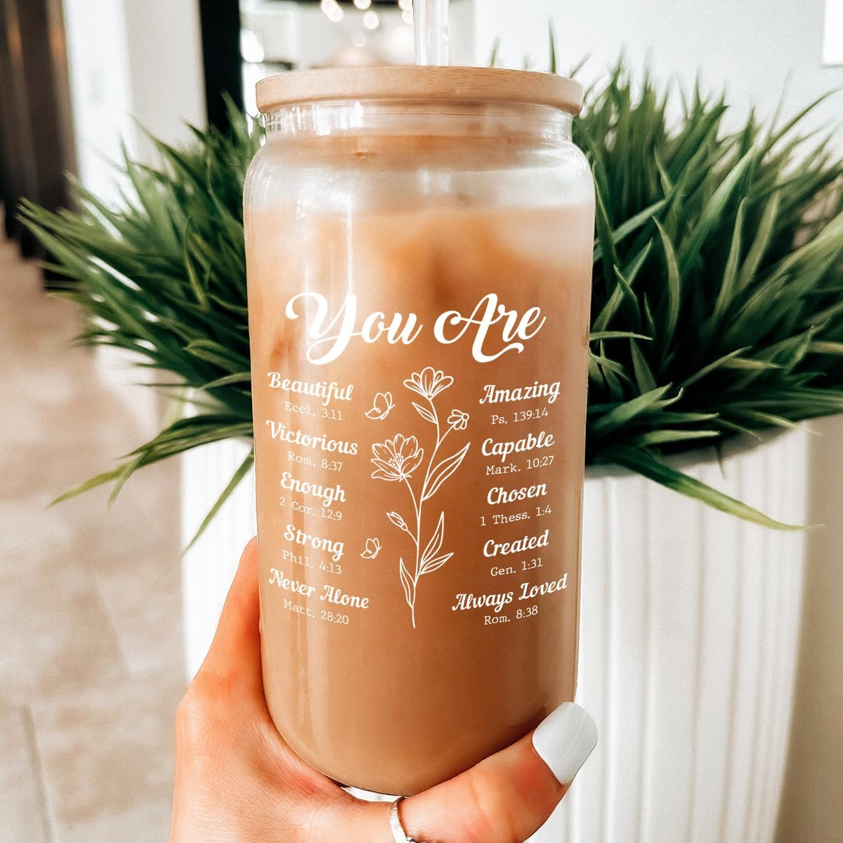 Inspiration Glass Can, Positive Motivational Cup with Lid & Straw, Iced Coffee Aesthetic Cups, Idea Gift for Christmas Birthday Mother Day, Gifts for Women, 16oz