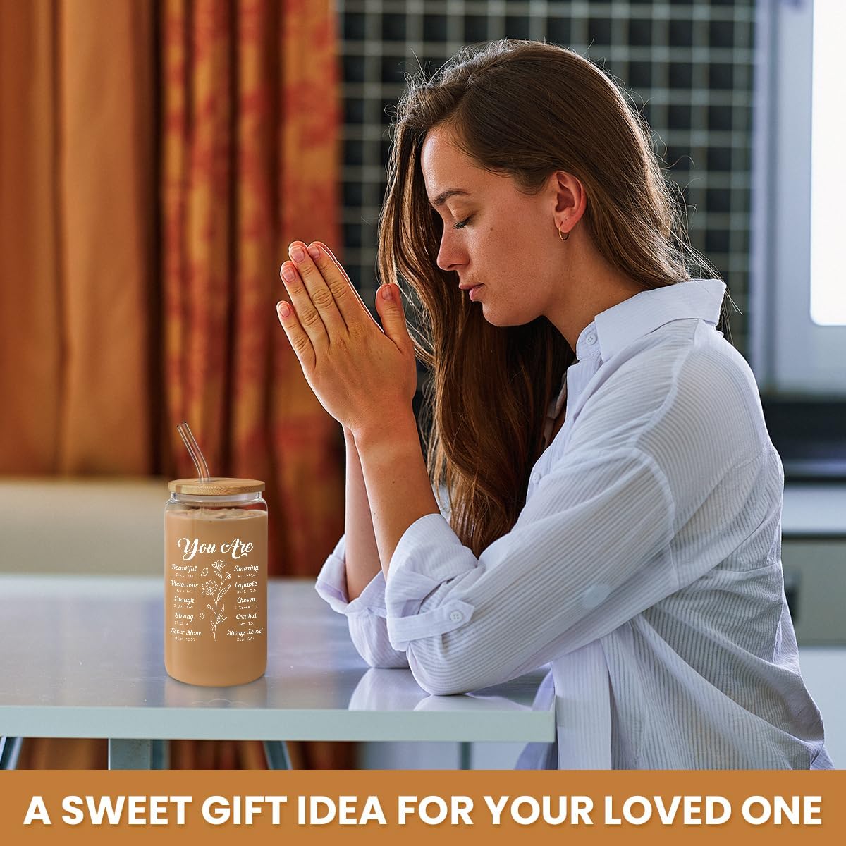 Inspiration Glass Can, Positive Motivational Cup with Lid & Straw, Iced Coffee Aesthetic Cups, Idea Gift for Christmas Birthday Mother Day, Gifts for Women, 16oz
