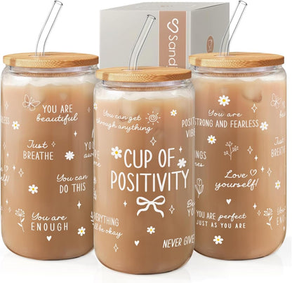 Inspiration Glass Can, Positive Motivational Cup with Lid & Straw, Iced Coffee Aesthetic Cups, Idea Gift for Christmas Birthday Mother Day, Gifts for Women, 16oz