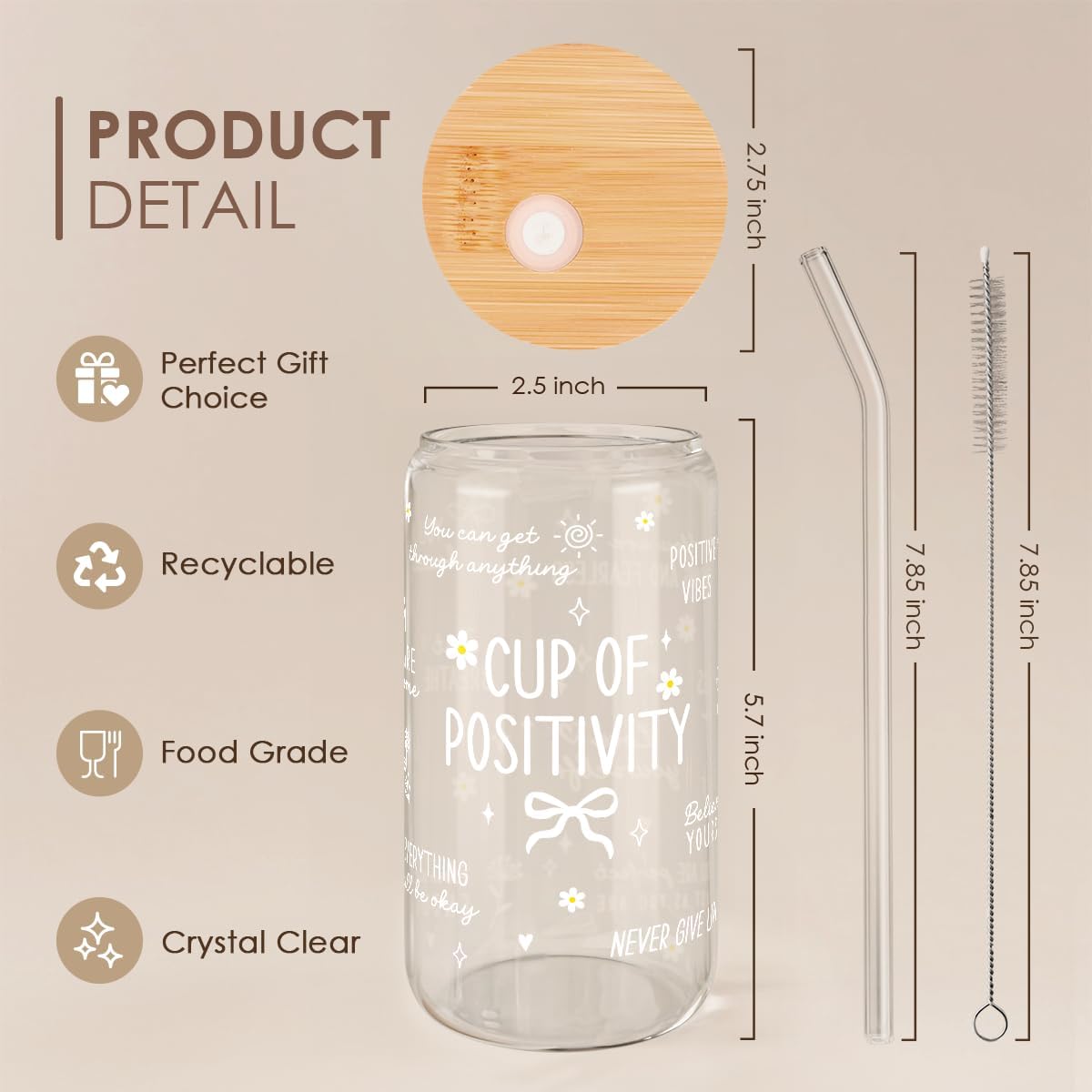 Inspiration Glass Can, Positive Motivational Cup with Lid & Straw, Iced Coffee Aesthetic Cups, Idea Gift for Christmas Birthday Mother Day, Gifts for Women, 16oz