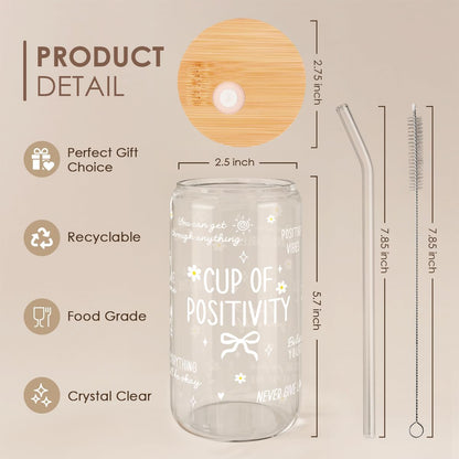 Inspiration Glass Can, Positive Motivational Cup with Lid & Straw, Iced Coffee Aesthetic Cups, Idea Gift for Christmas Birthday Mother Day, Gifts for Women, 16oz