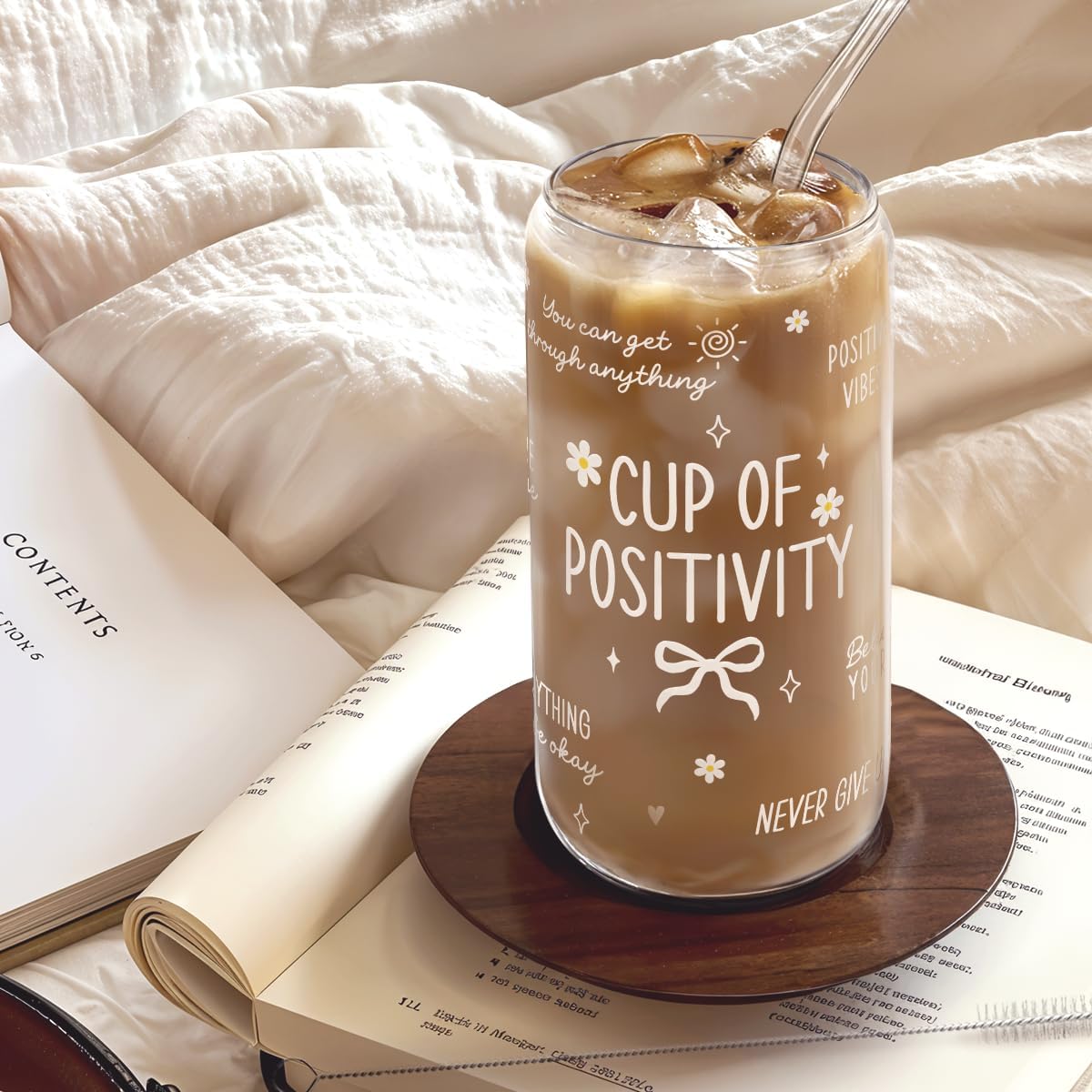Inspiration Glass Can, Positive Motivational Cup with Lid & Straw, Iced Coffee Aesthetic Cups, Idea Gift for Christmas Birthday Mother Day, Gifts for Women, 16oz
